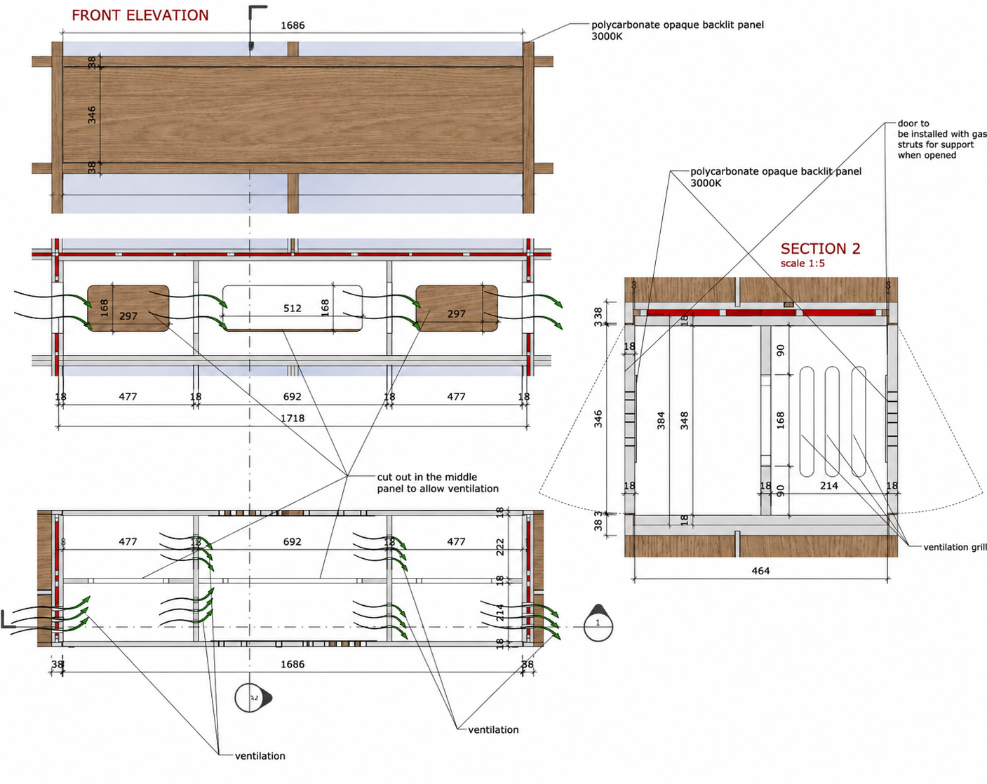 Technical development drawing for bespoke timber fixture